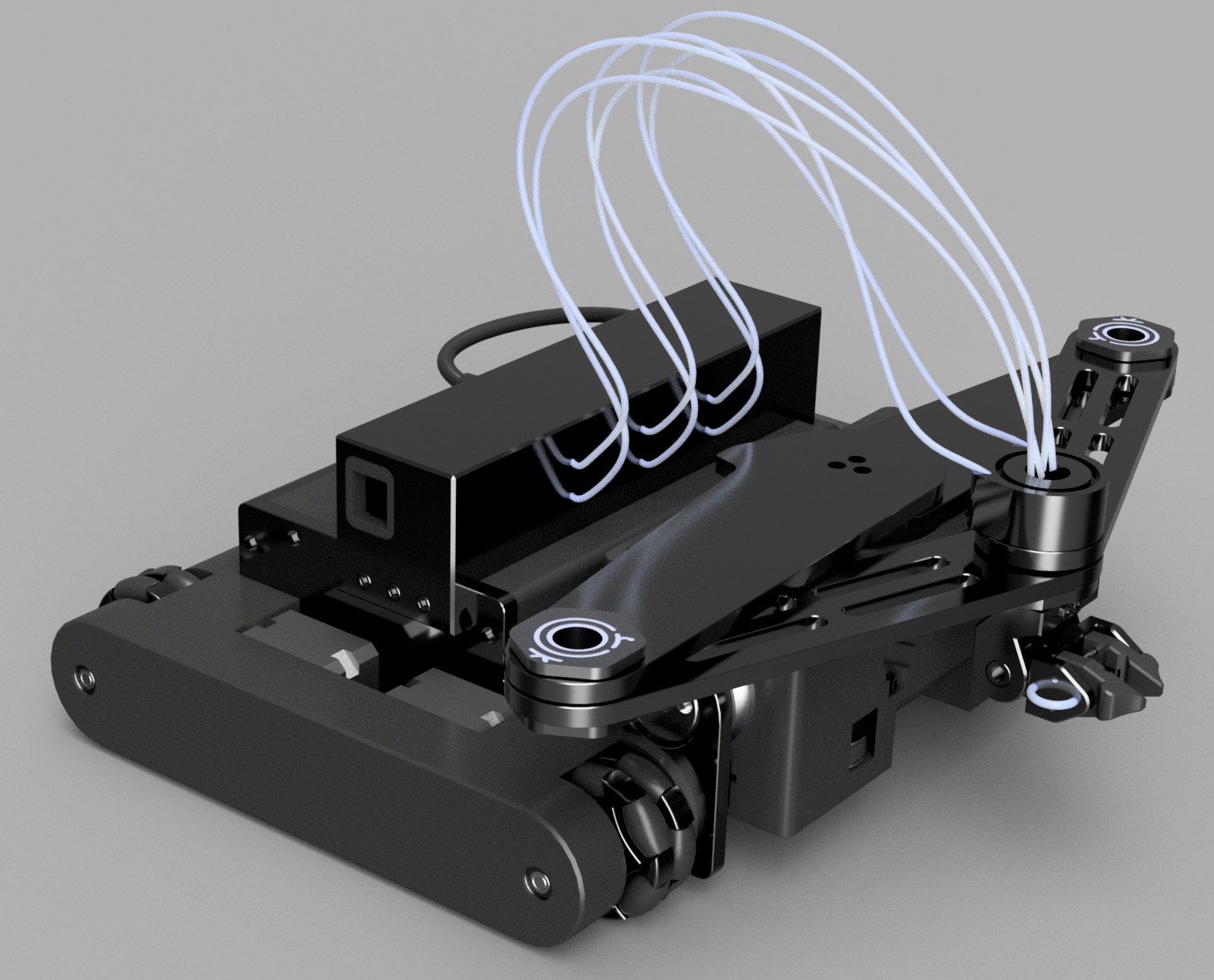 corkBot V0 mounted on the mobility submodule with the 3-axis gripper tool head attached.