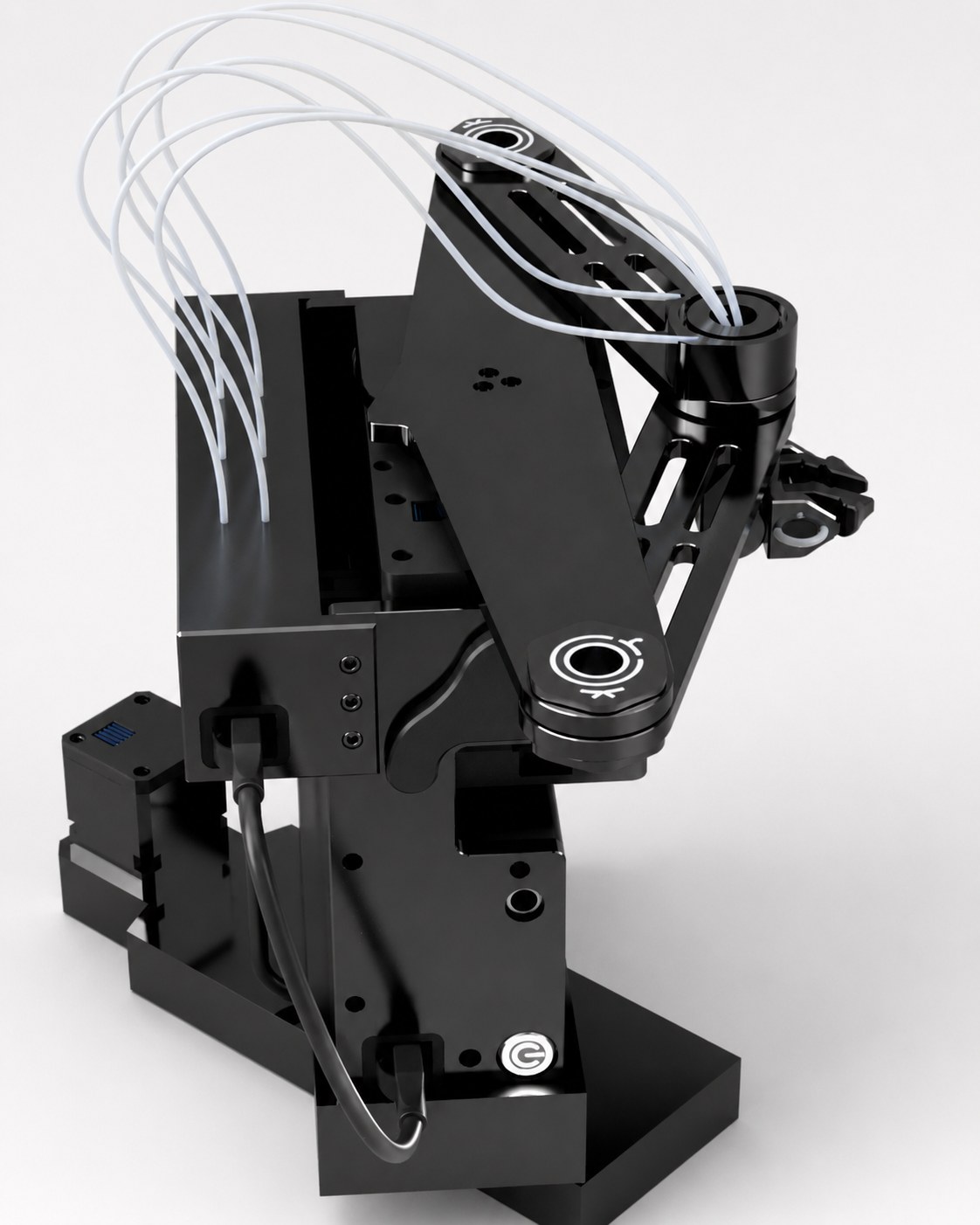 corkBot V0 mounted on a rotating base submodule with a 3-axis gripper tool head attached.