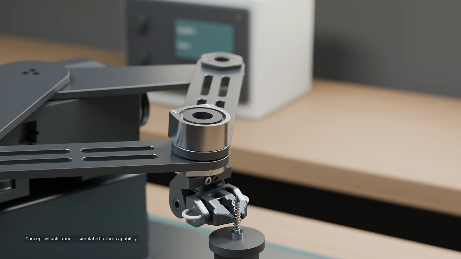 Close view of CorkBot’s three-axis gripper placing a screw upright on a workbench fixture